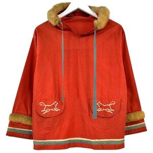 RARE 40s 50s Vintage Grenfell Labrador Embroidered Real Fur Trim Orange Hoodie